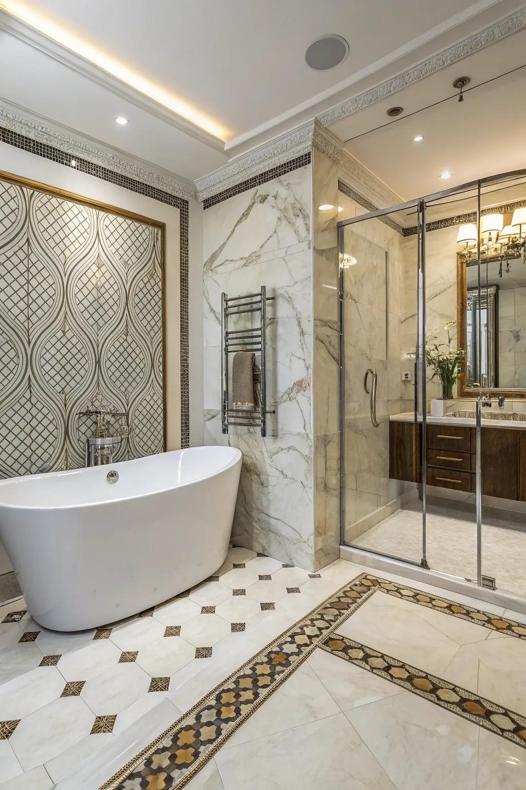 A bathroom featuring exquisite marble mosaic accents.