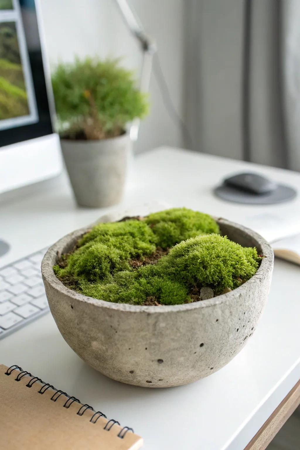A contemporary solidified water bowl pot showcasing vivid moss.