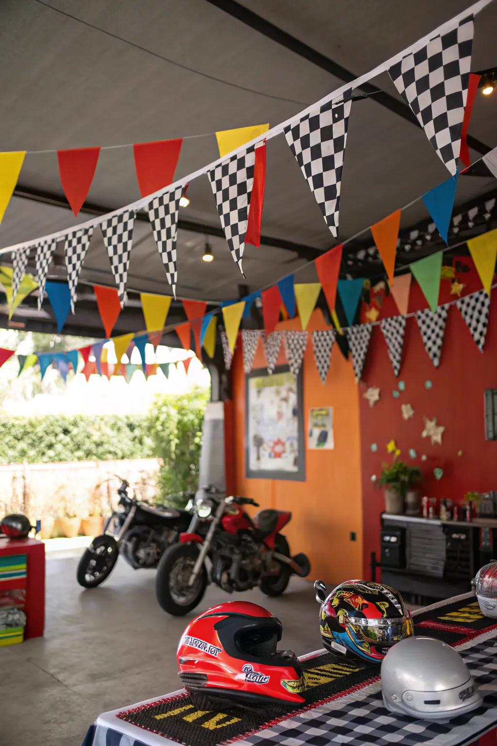 Motorcycle-themed decorations making for a lively atmosphere.