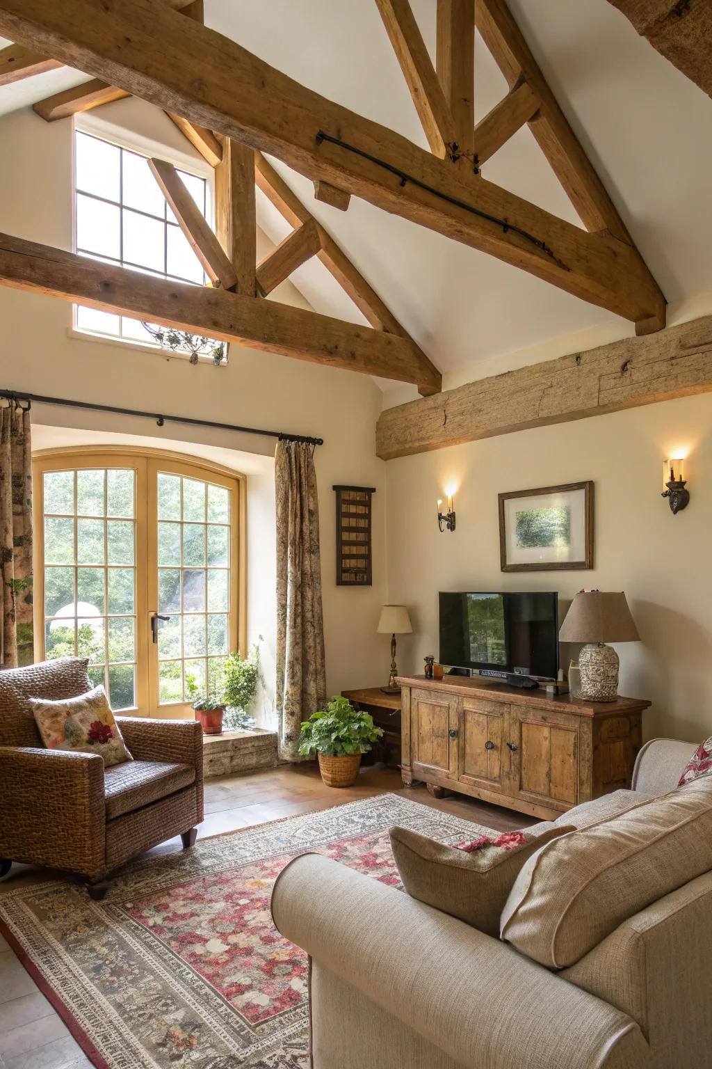 Exposed beams bring a rustic and spacious aesthetic.