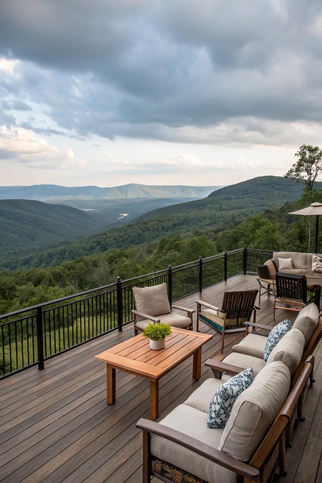 A generous deck for open-air pleasure in mountainous locales.