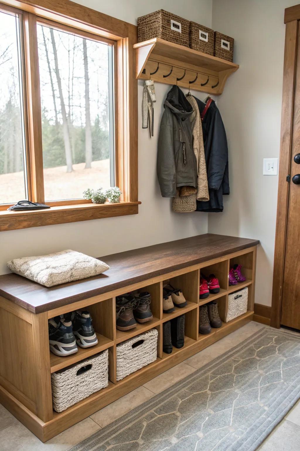 A versatile mudroom bench featuring seating and concealed stowage.