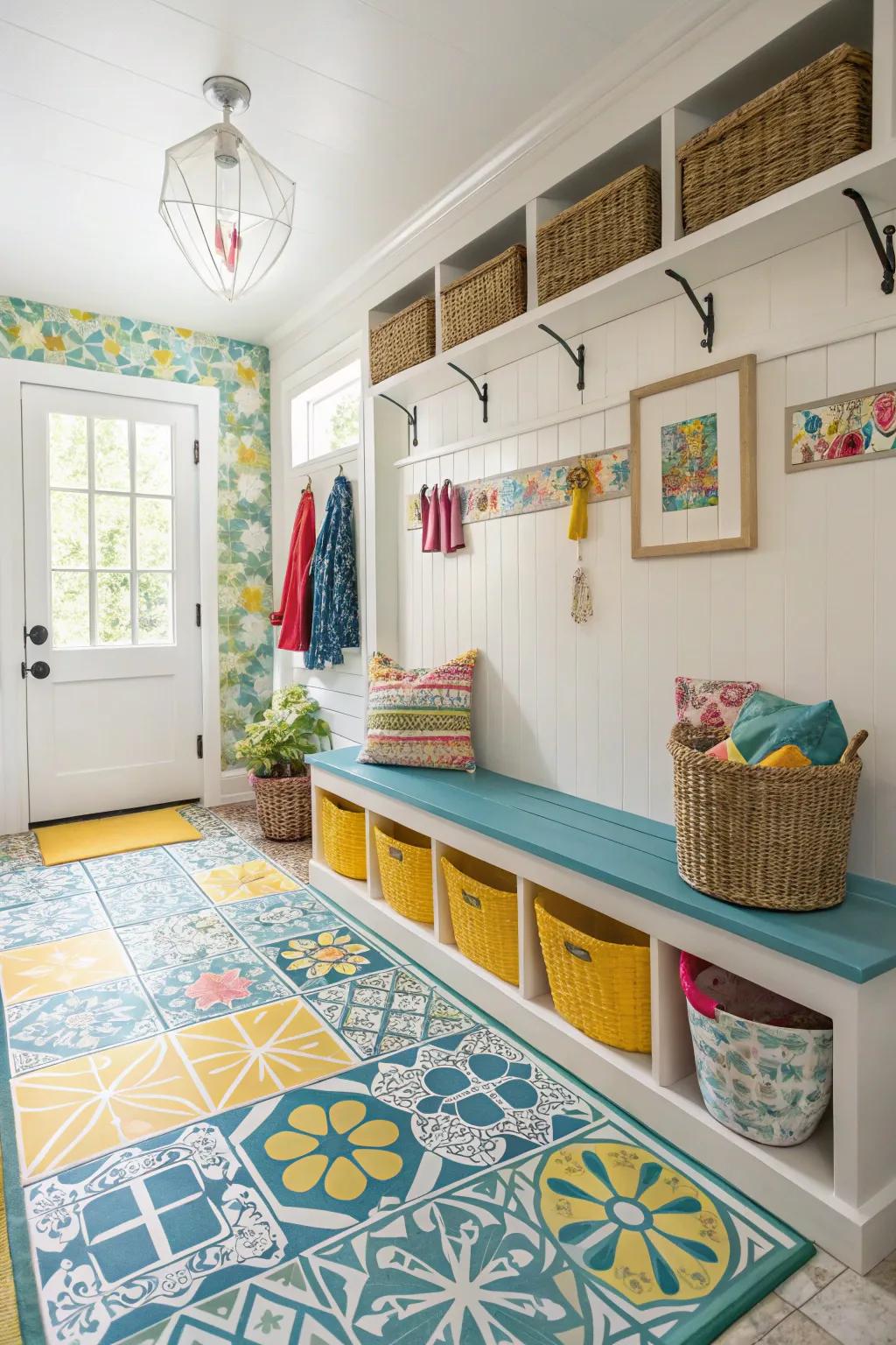 Designed material tiles bring a pop of color and personality to your mudroom.