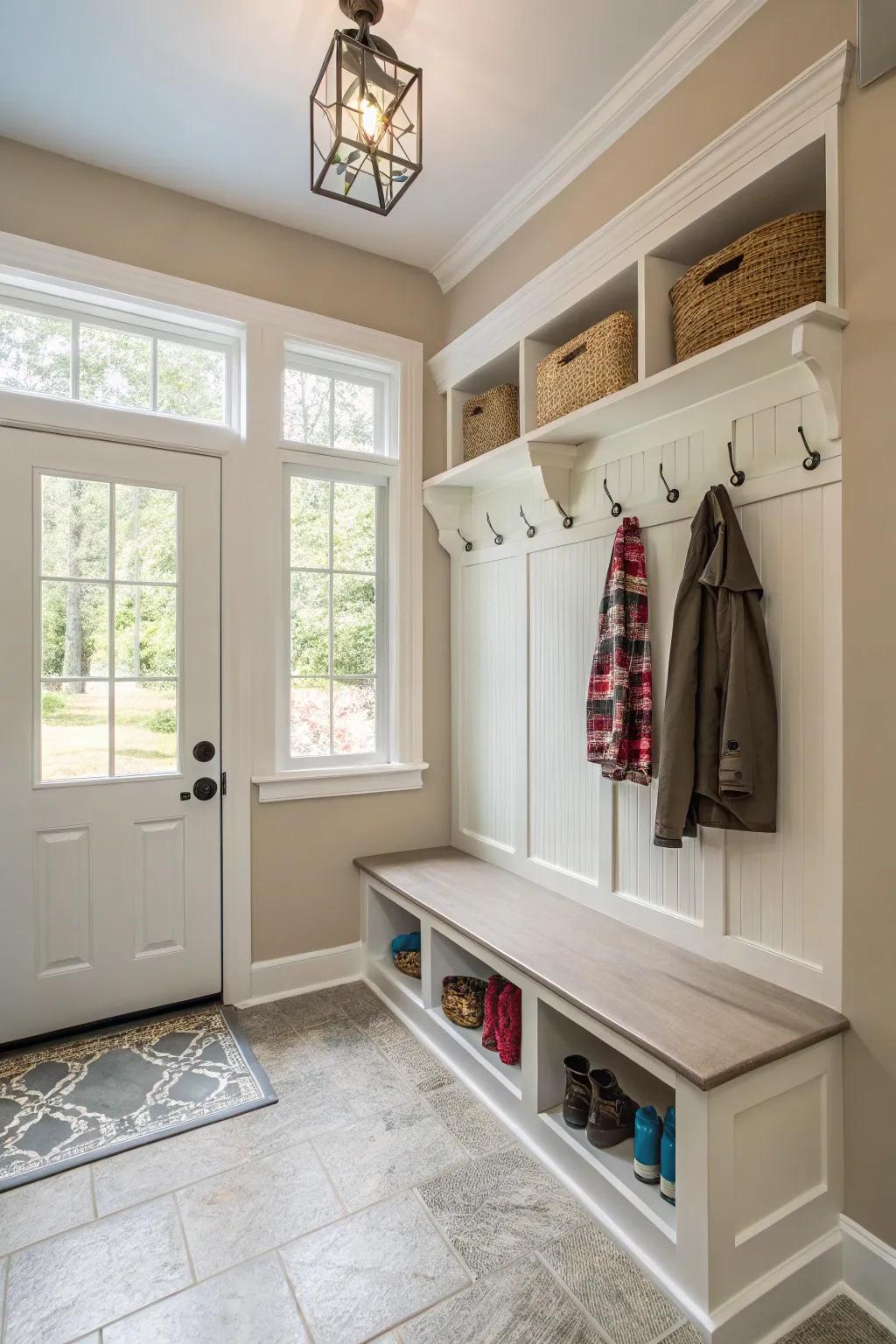 A mudroom featuring walls painted in light and neutral hues.