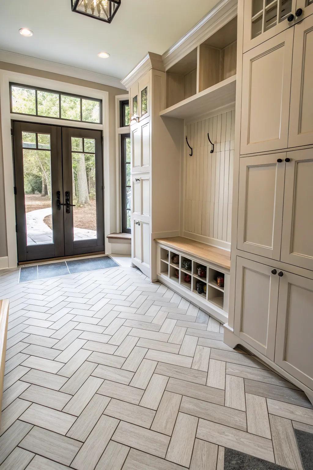 Interwoven patterns bring sophistication to your mudroom.