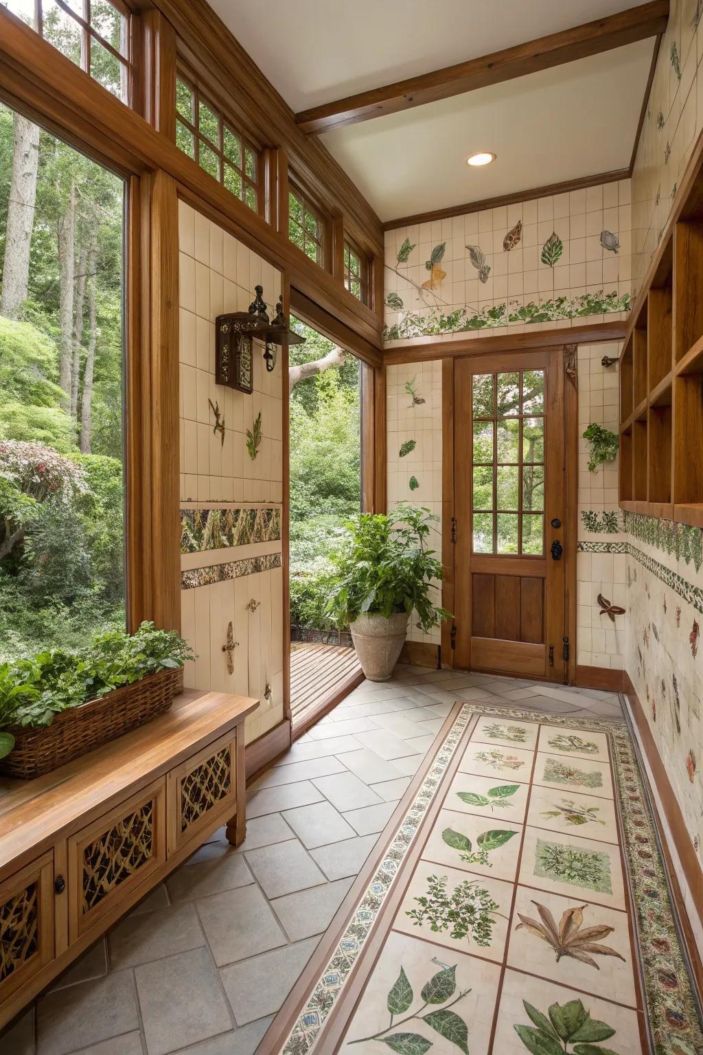 Nature-themed tiles creating tranquility in a mudroom