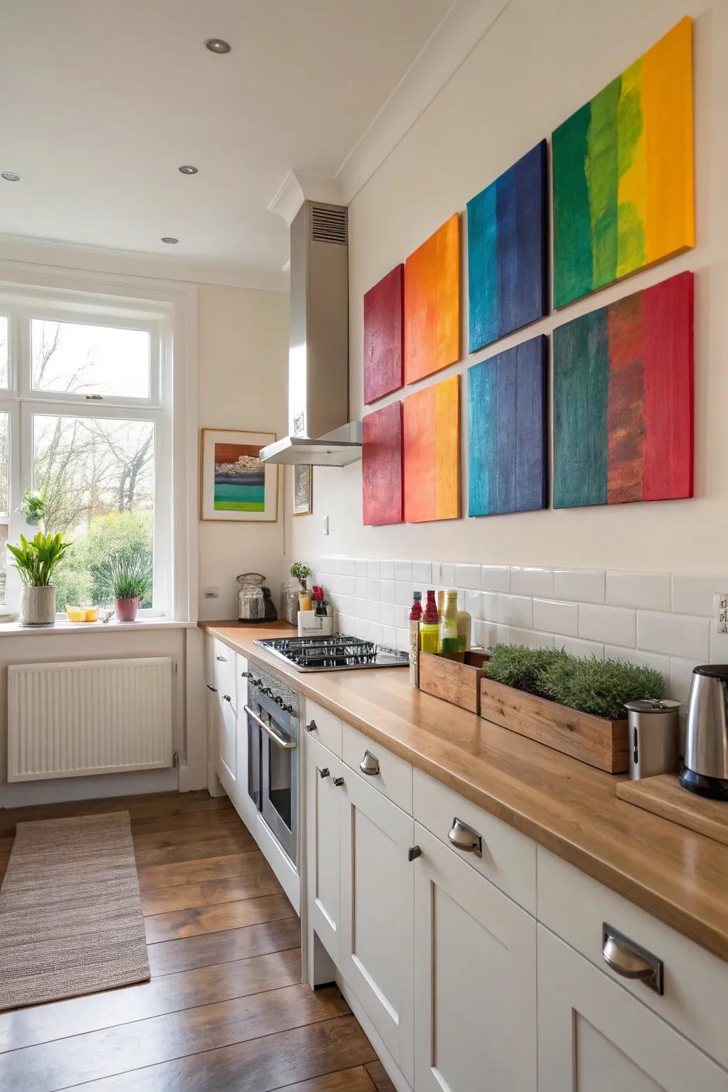 Conceptual color blocks are displayed in reds and oranges, building a cheerful, animated setting in the kitchen.