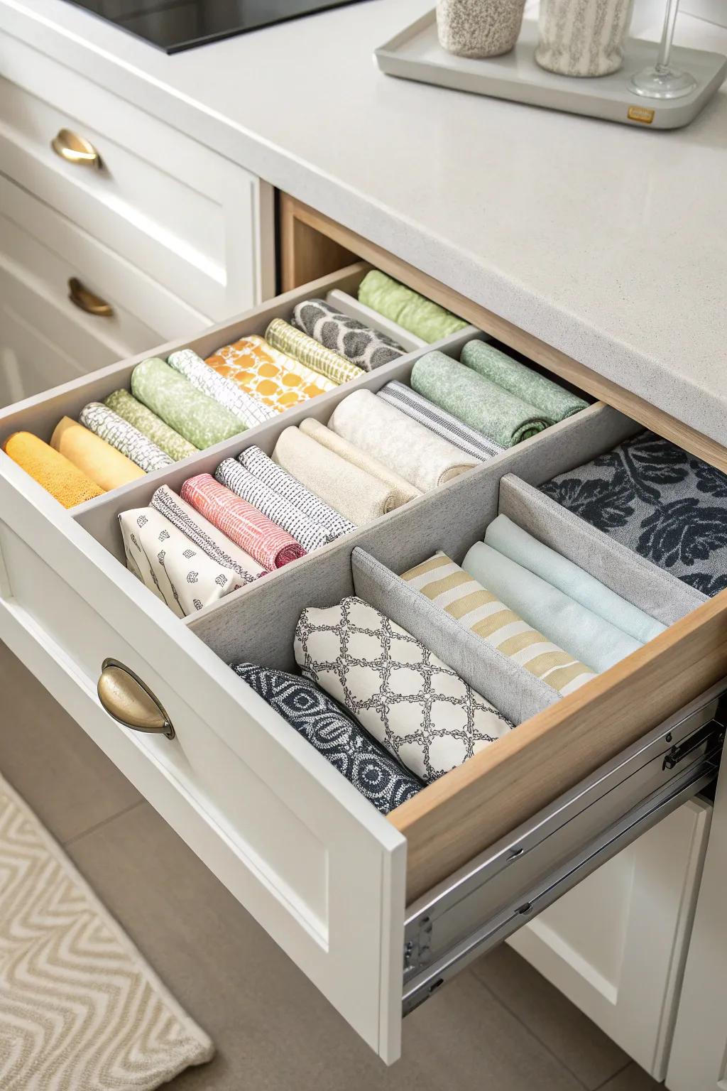Drawer dividers provide a well-organized and visually attractive napkin storage system.