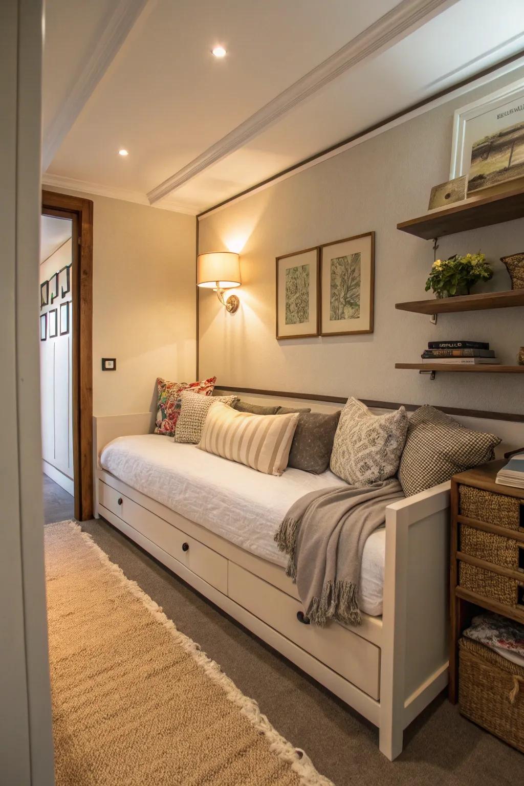 An elegant daybed furnishes adaptable seating and slumbering possibilities in a slender bedroom.