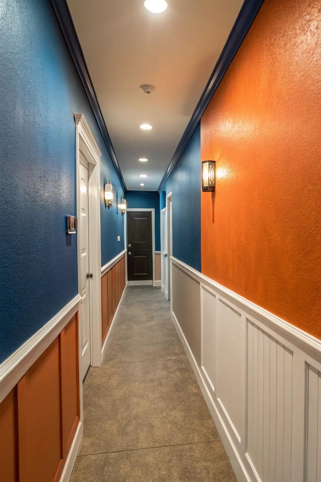 Two-tone divider medicines add profundity and interest to a restricted hallway.