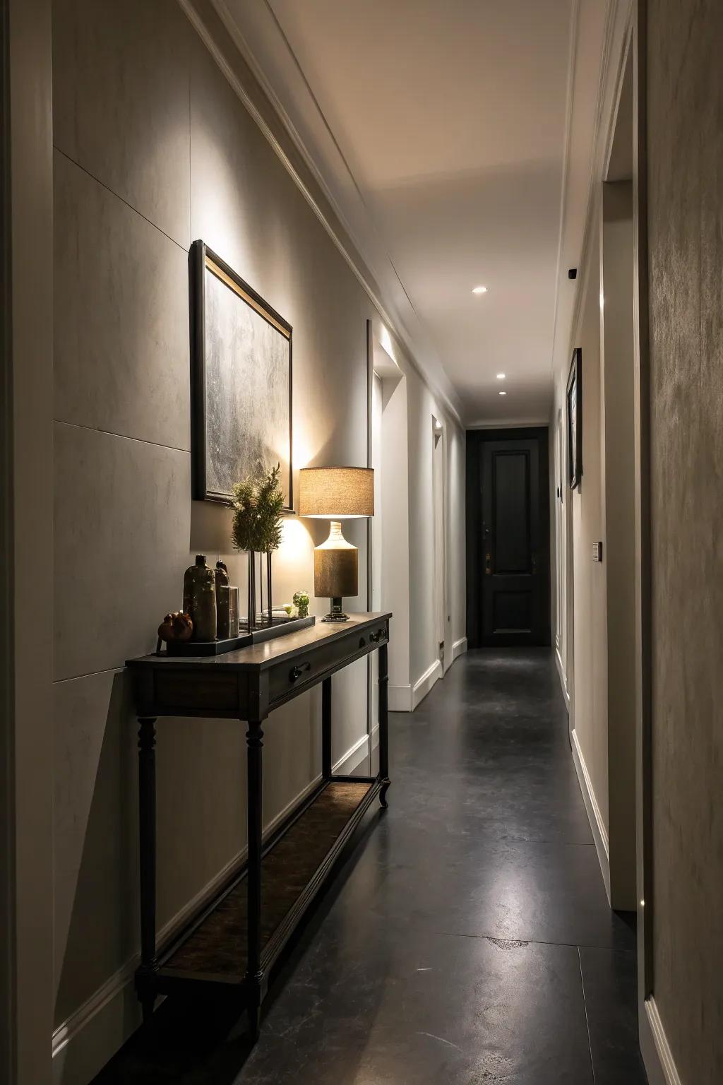 Streamlined furniture can augment both utility and style in a narrow hallway.
