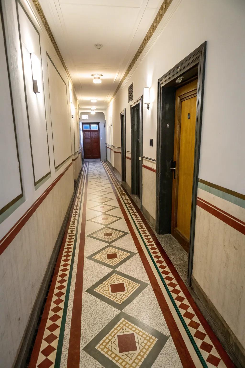 Contrasting borders can create a frame and distinct edges to the floor in a small hallway.