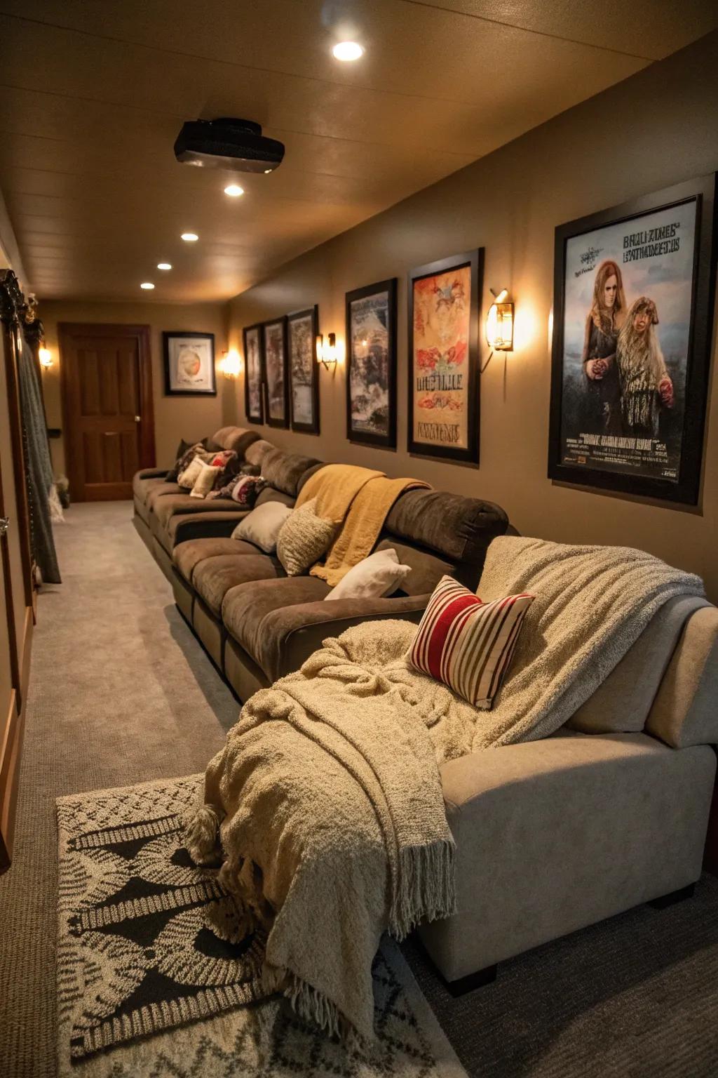 A cozy lounge arrangement is perfect for relaxed movie evenings.