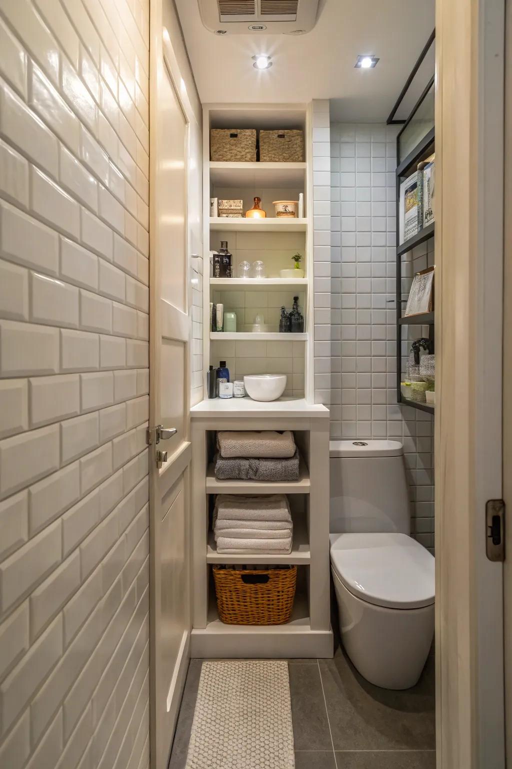 Indented shelving combines storage smoothly into small bathroom designs.
