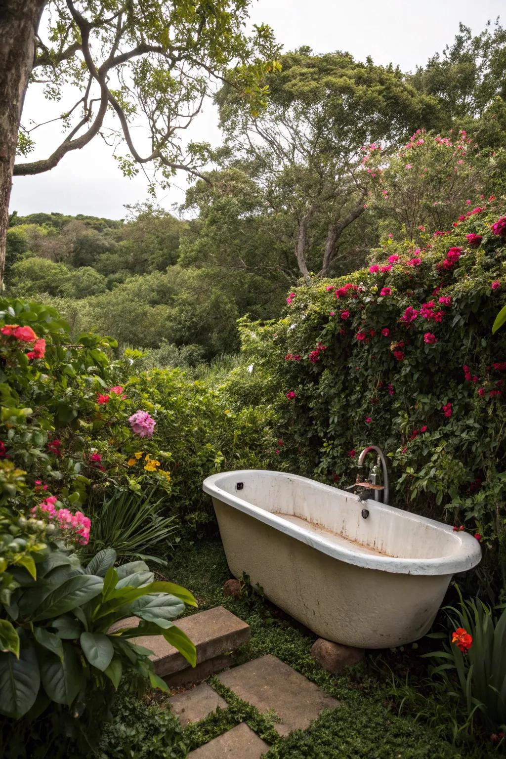 Find serenity within a secluded glade, featuring a private outdoor tub.