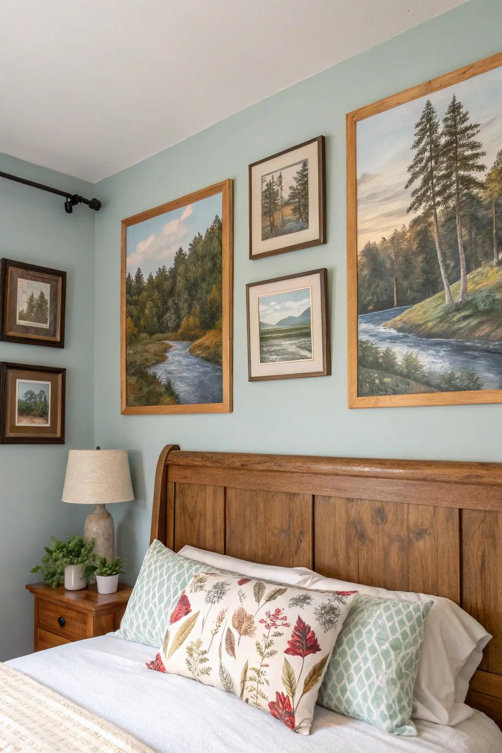Art that draws inspiration from nature enriches the peaceful sensation of a bedroom.
