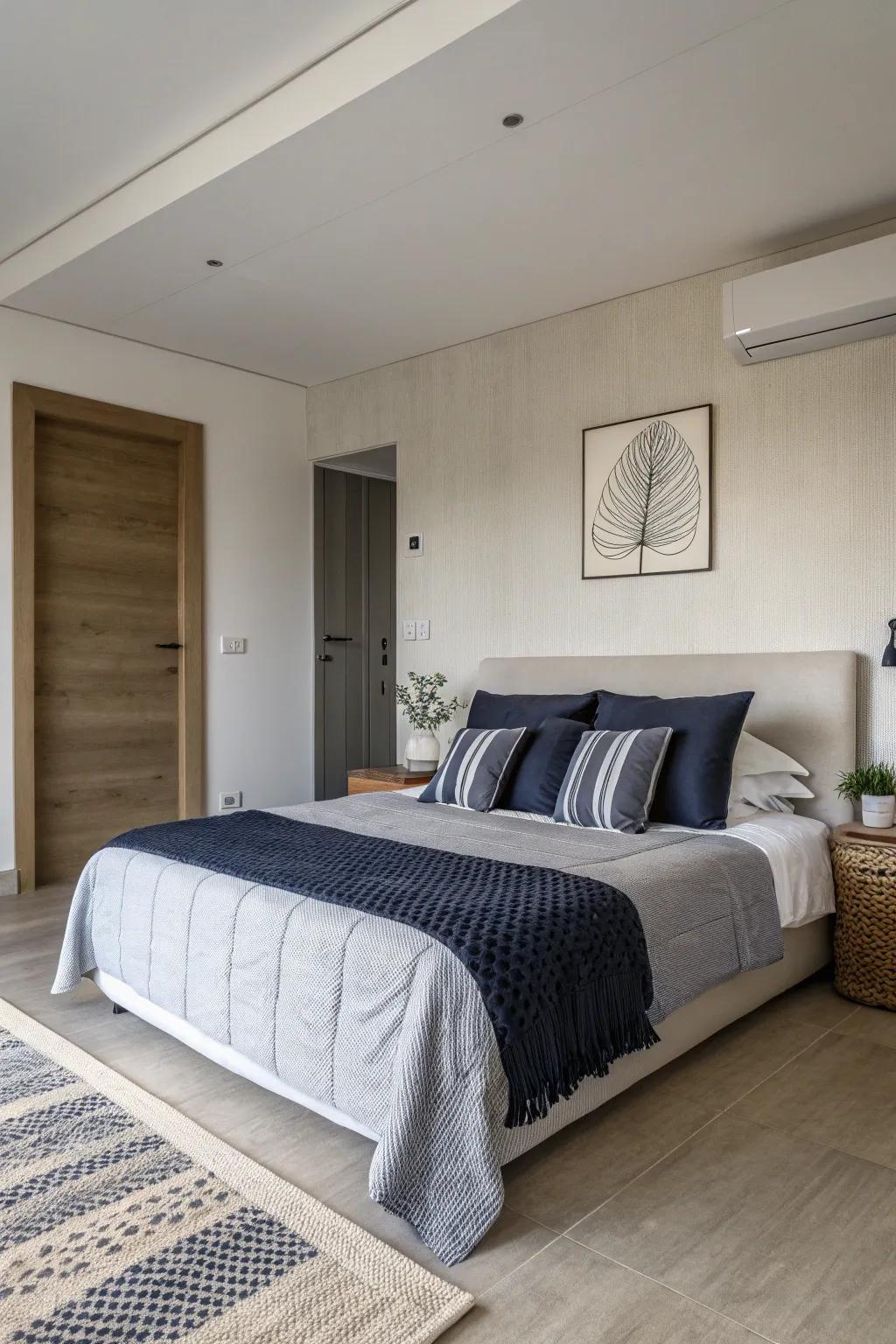 Embrace minimalism with sea blue and grey for a tranquil setting.