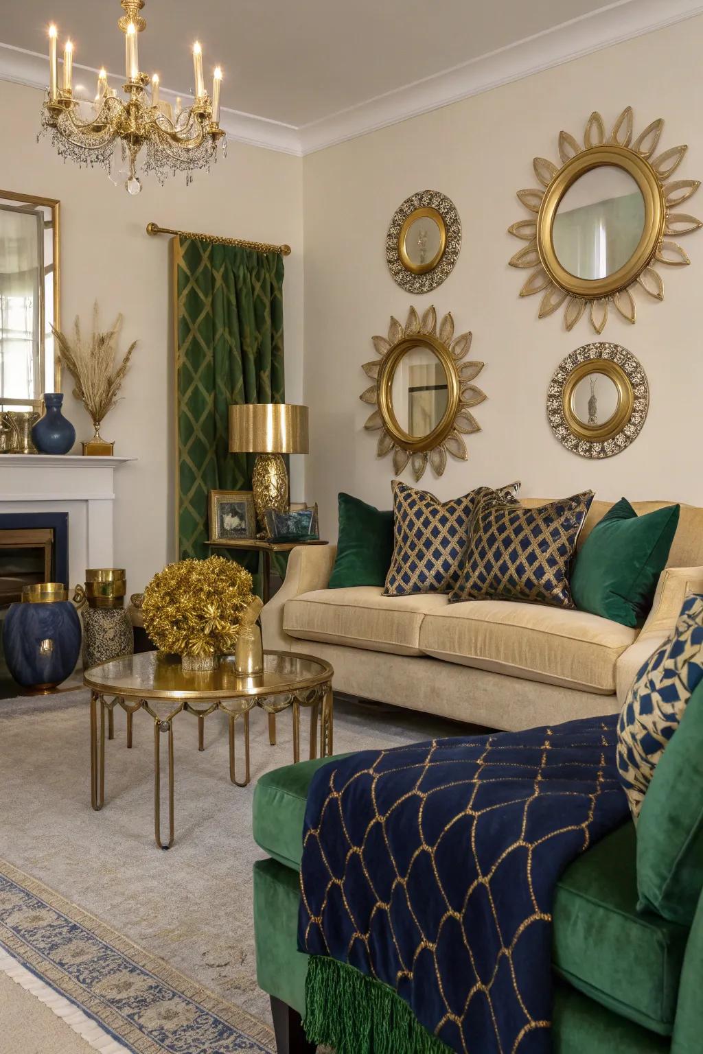 Gilded accents introduce a lavish touch to the living space decor.