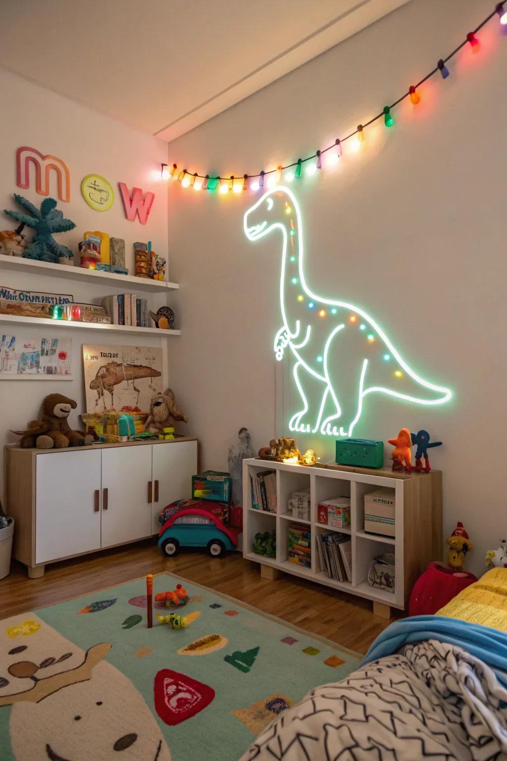 A neon shark decor adds cheer and playfulness to a child's space.