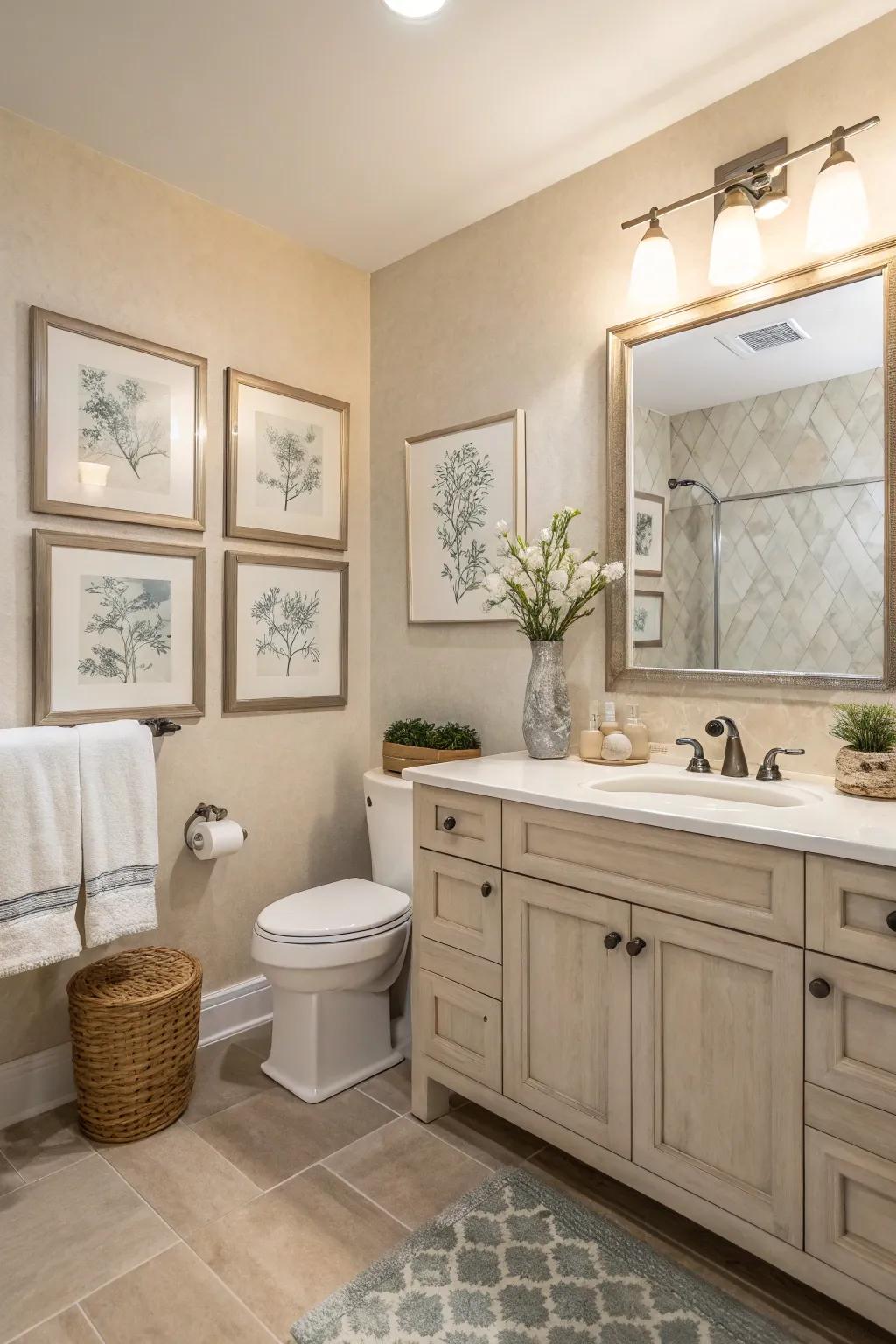 Discreet wall art adds a personal touch to this neutral bathroom.