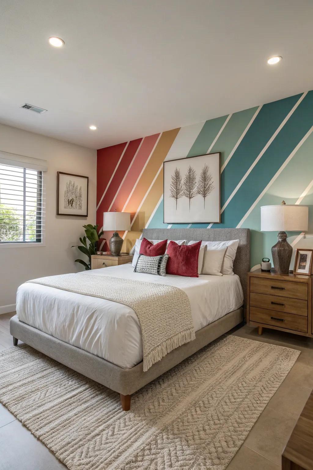 A bold color energizes the wall behind the bed, crafting a striking accent.