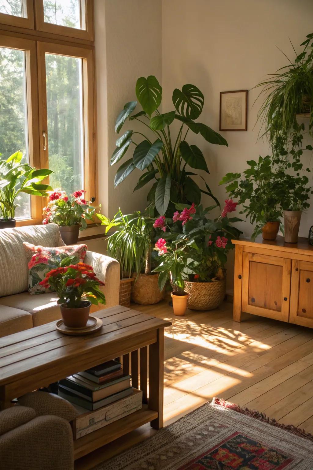 Welcoming nature indoors with plants and wooden highlights.