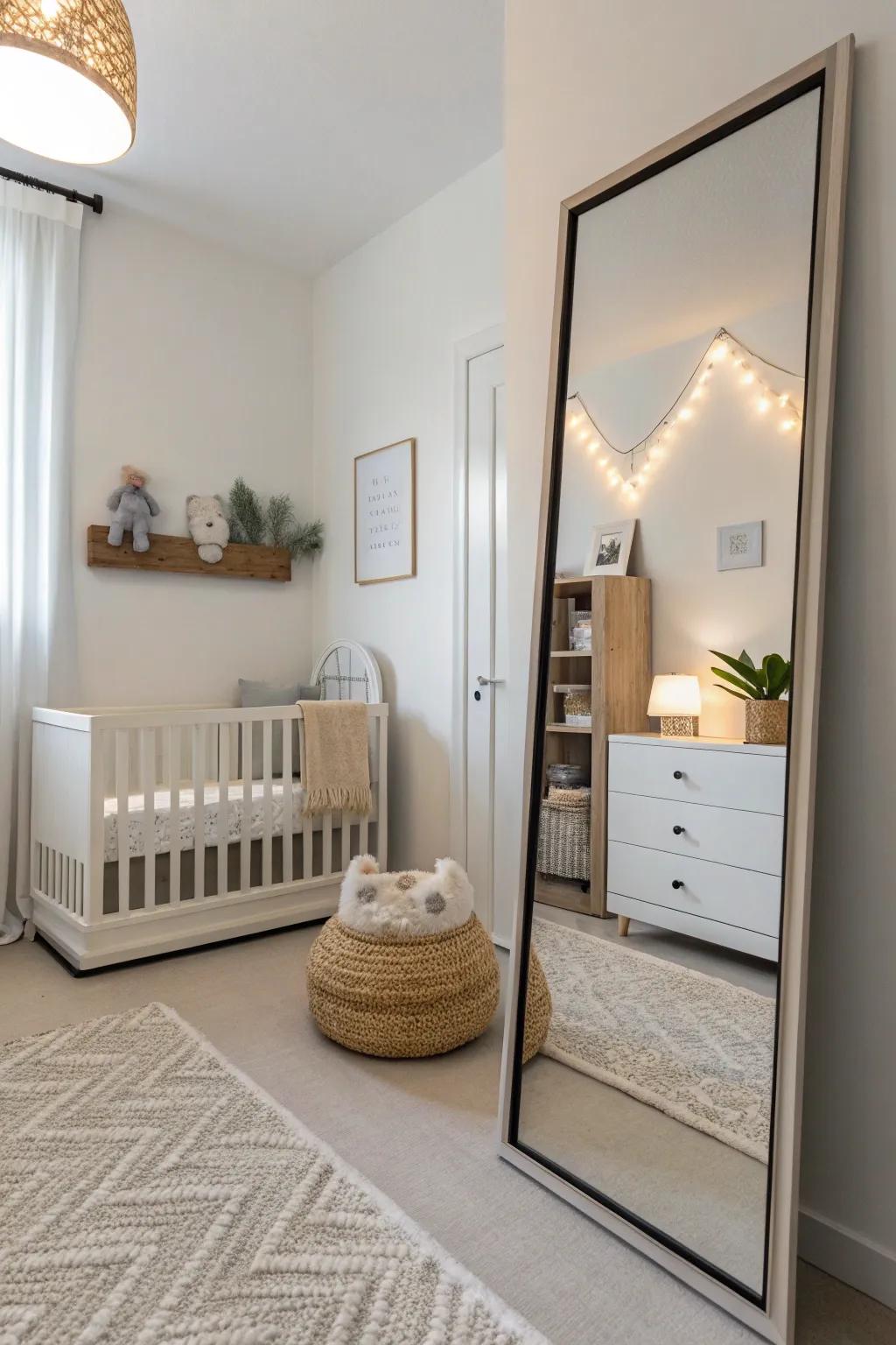 A minimalist nursery with a sleek reflector that enhances its simplicity.