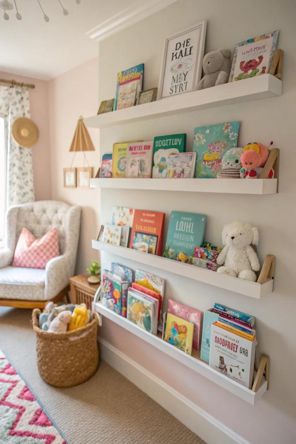 Wall-mounted shelves offer a streamlined and effective solution for storing books in the nursery.