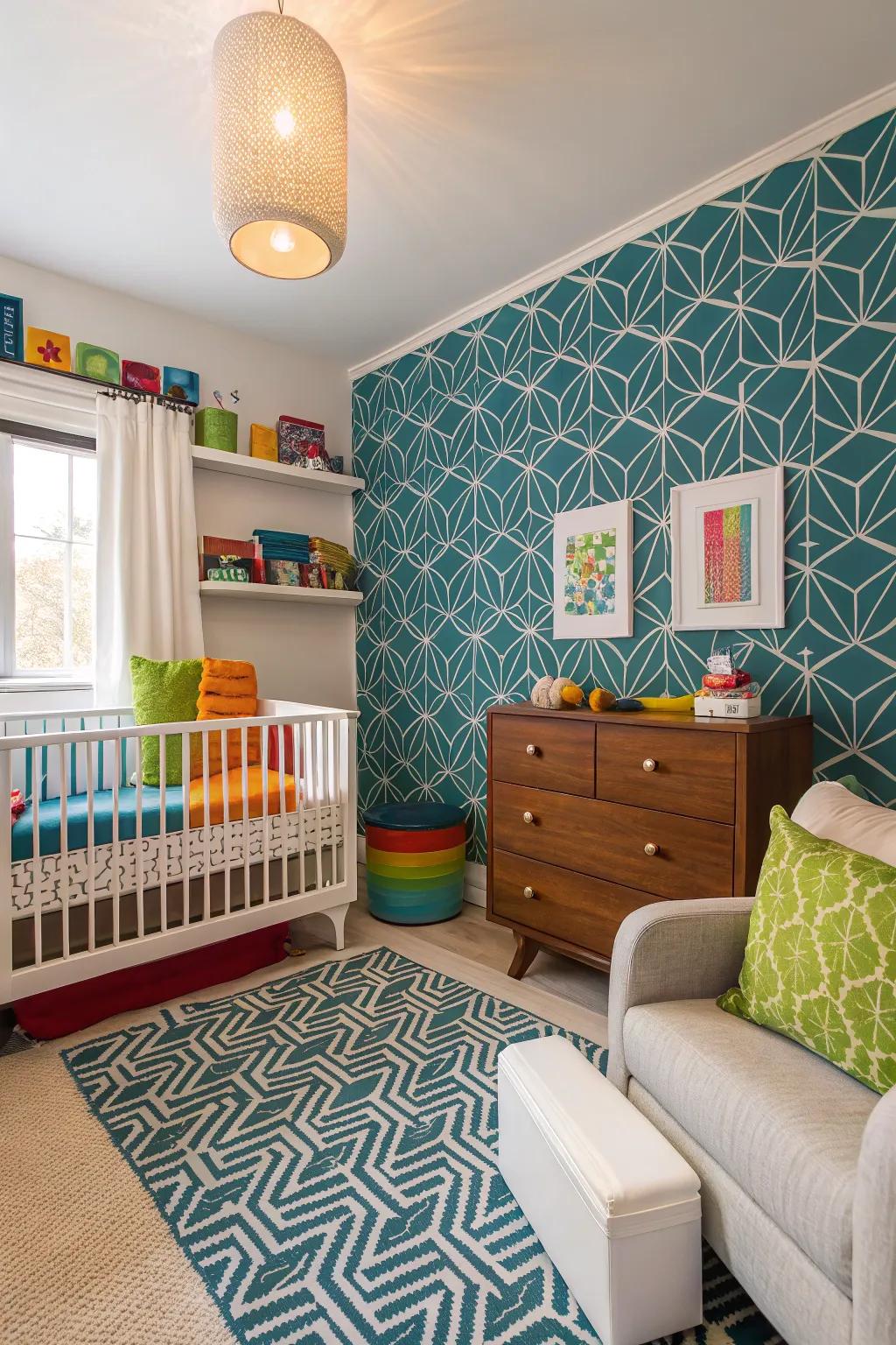 A strong accent wall makes a striking impact in a baby room.