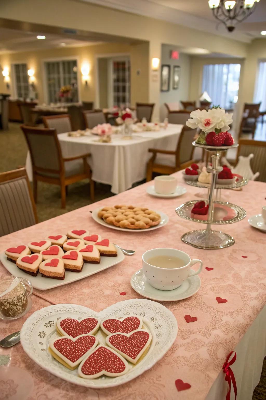 A charming Valentine's tea gathering arrangement with heart-themed treats.