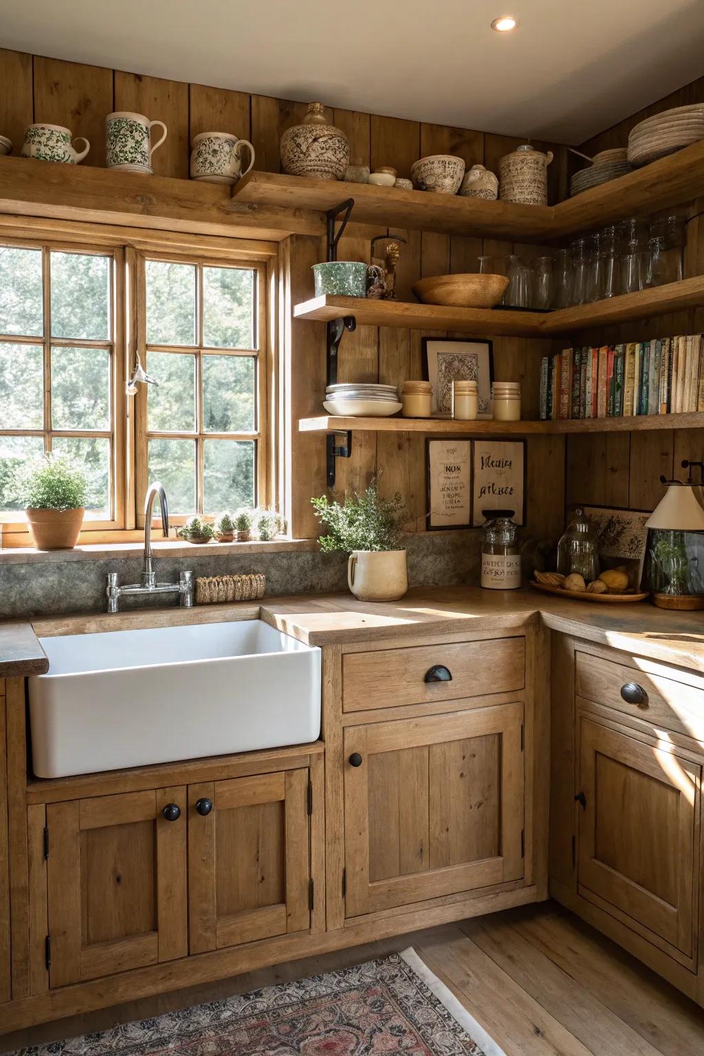 Pastoral components enrich an oak kitchen with charm and individuality.