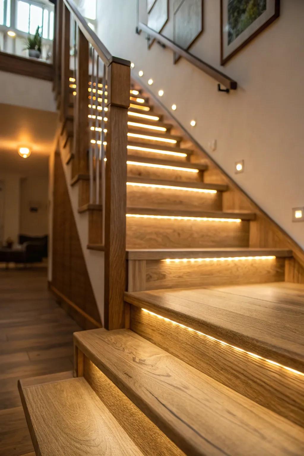 An oak stairwell illuminated with understated, ambient lighting.