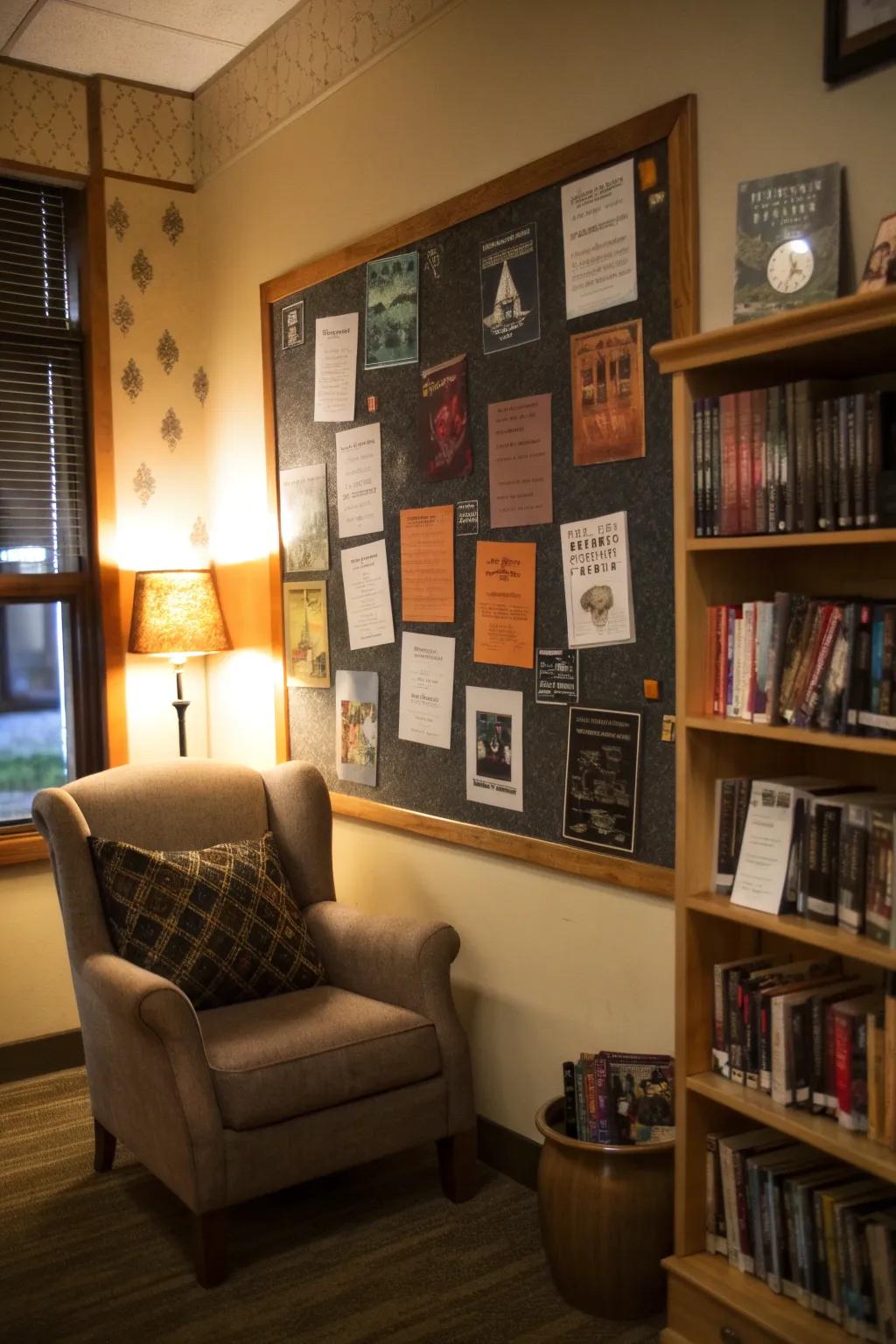 A snug reading nook bulletin board featuring an eerie tale theme.