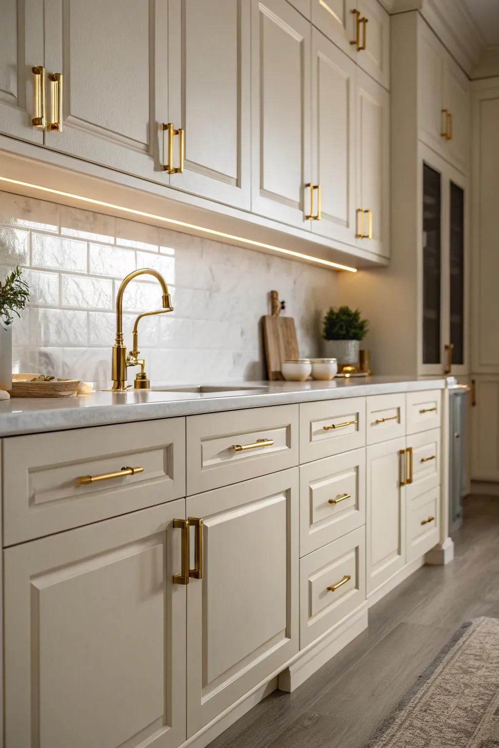 Gilded details highlight the elegance of cream-colored cabinets.