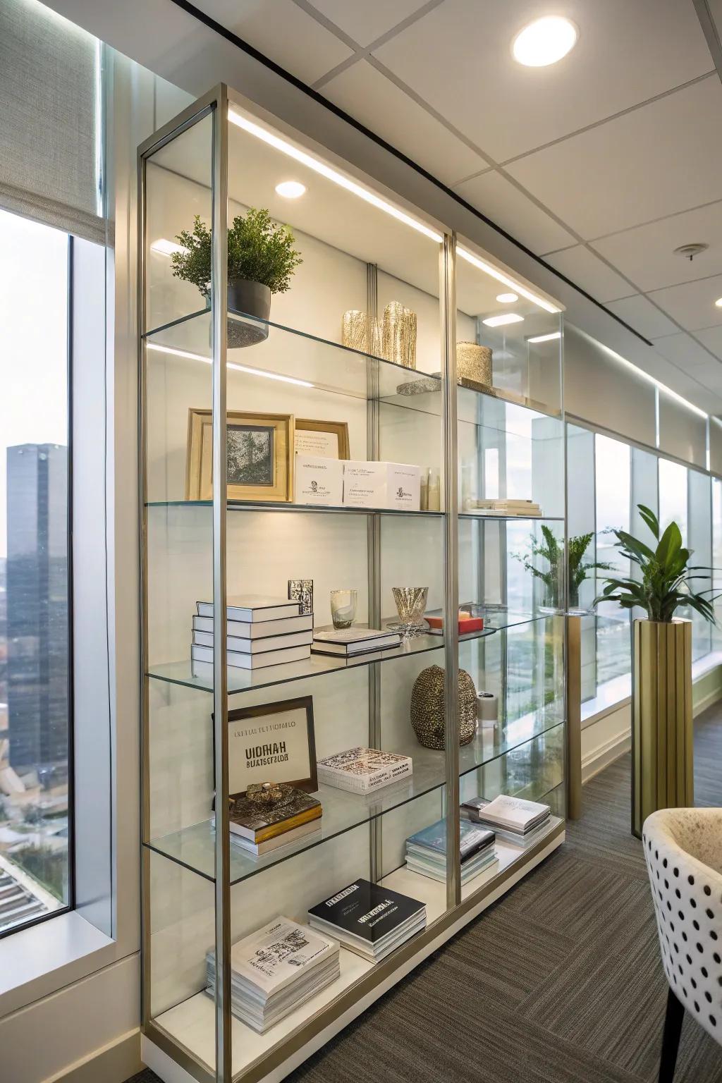Transparent shelves provide a modern and airy sensation to your office.
