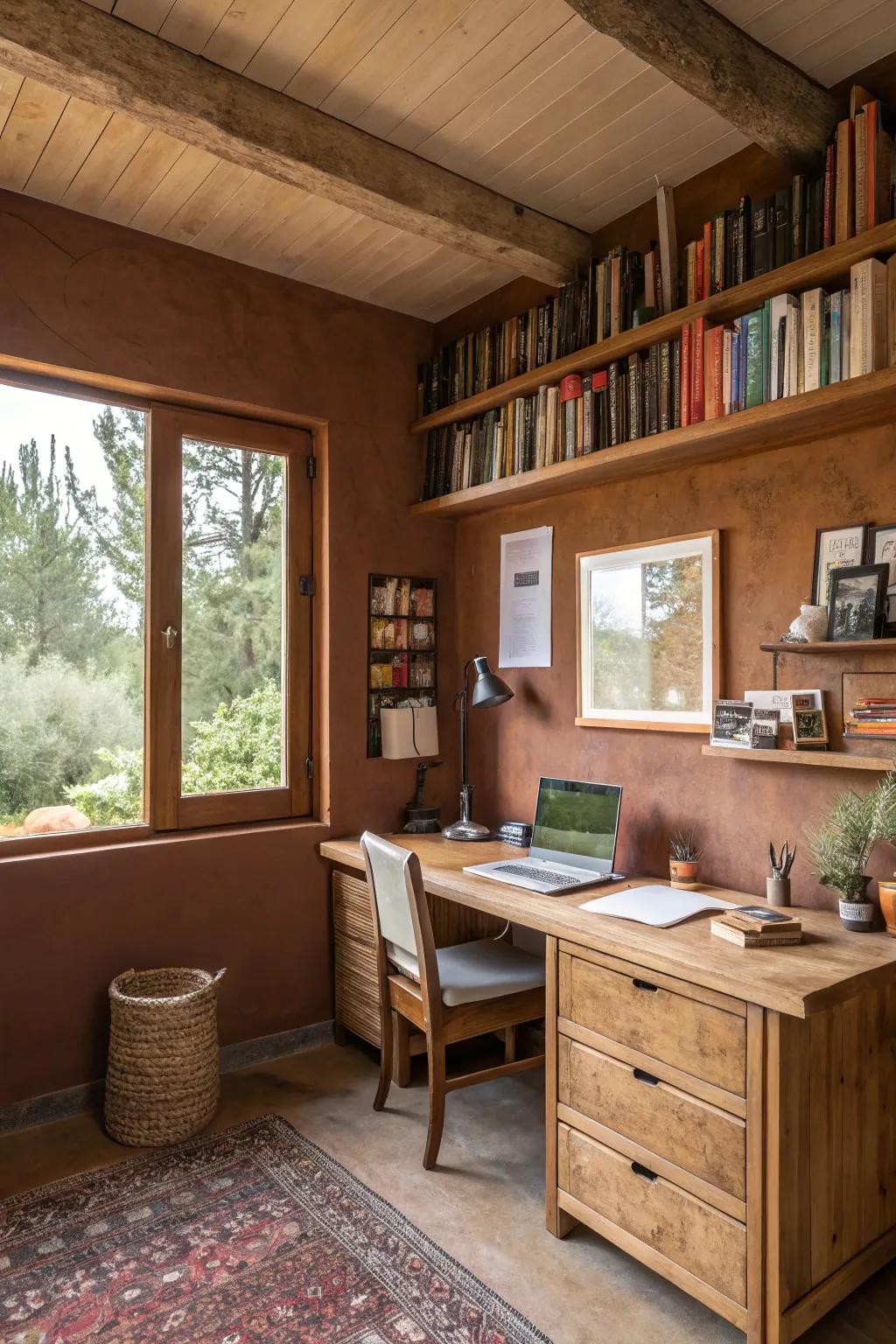 Warm browns foster an inviting and cozy workspace.
