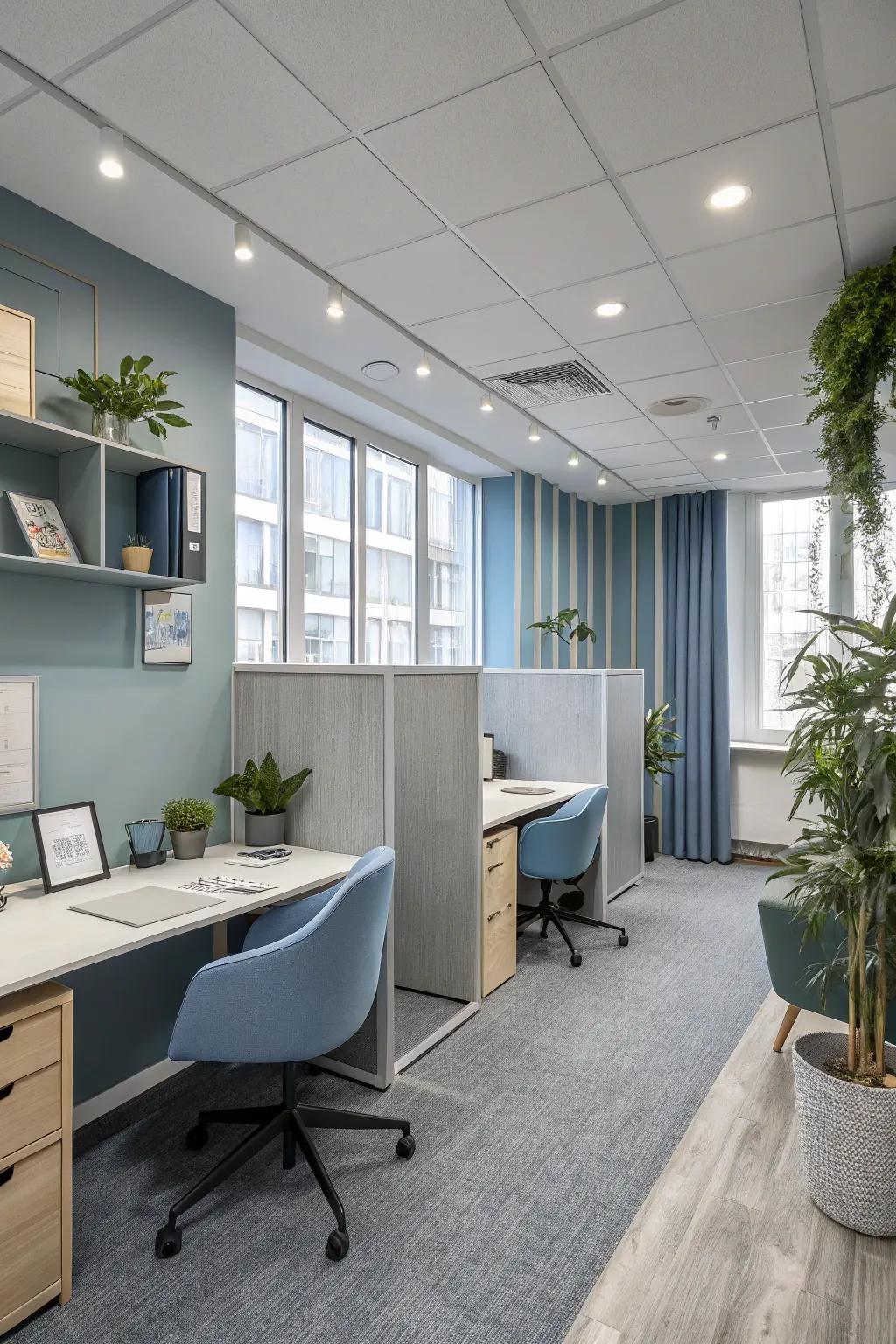 Soft gray and blue shades create a peaceful atmosphere, perfect for a reading room.