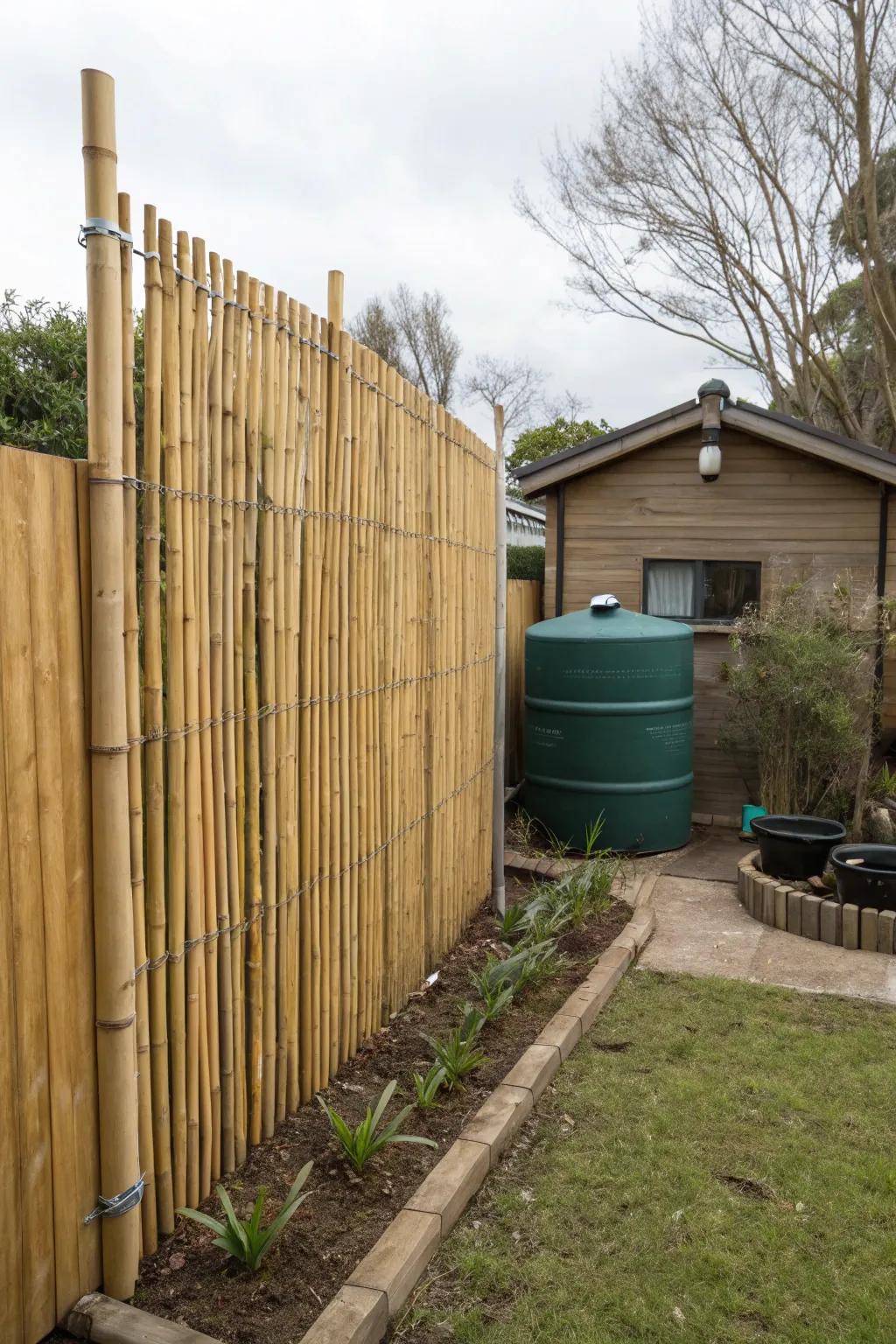 An oil container elegantly shielded behind a bamboo fence.