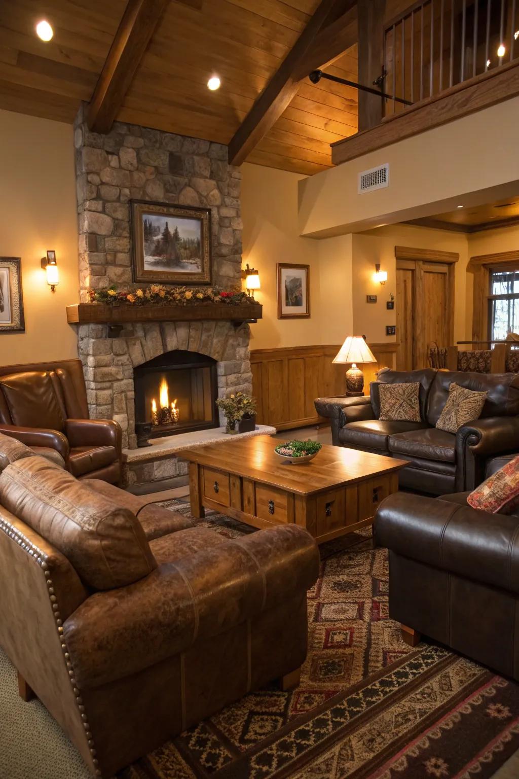 A comfy cabin living room featuring comfortable leather sofas and soft seating.