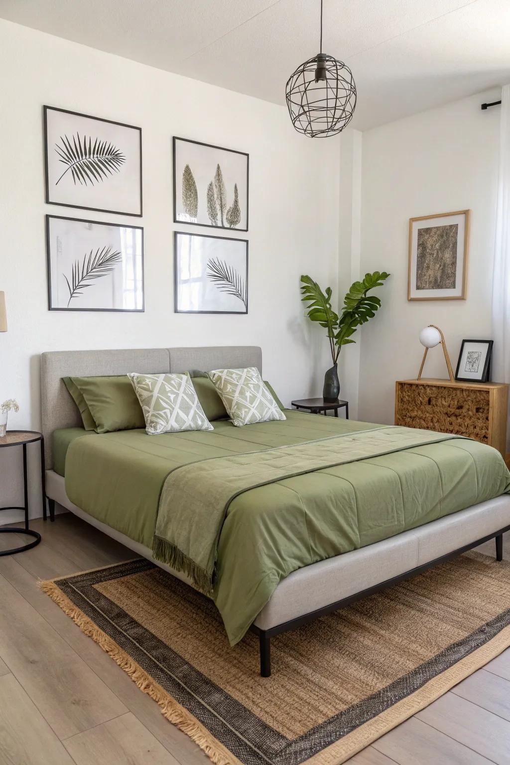 Minimalist decor emphasizes the elegance of olive green bedding.