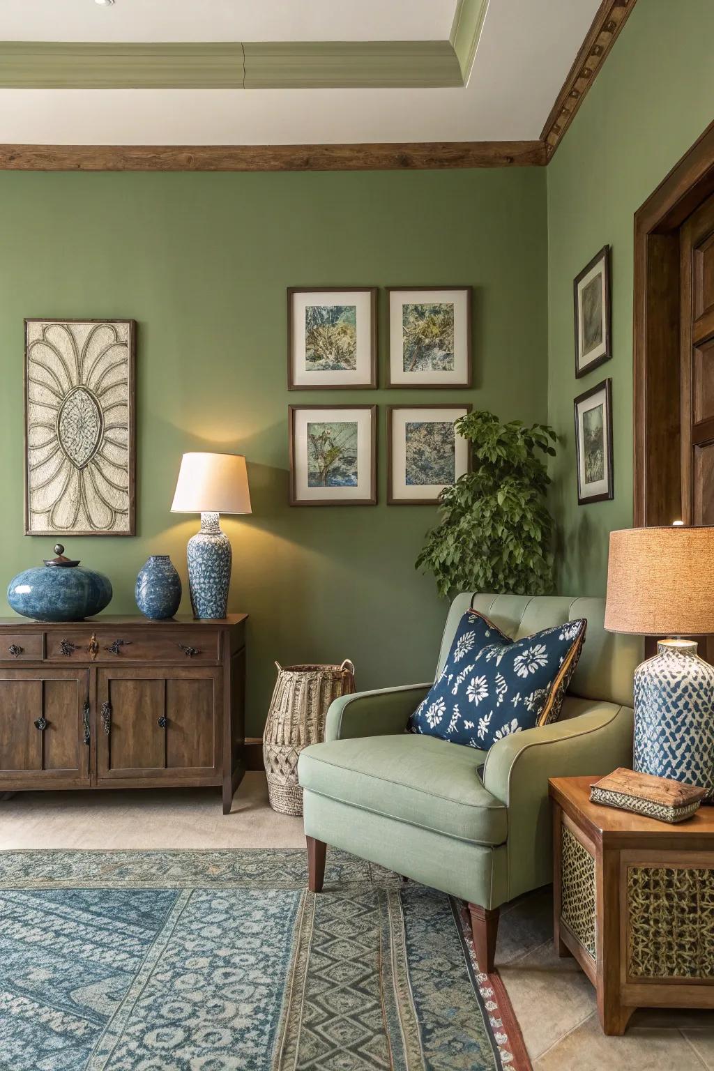 The harmonious convergence of hues flawlessly enhances verdant olive walls.