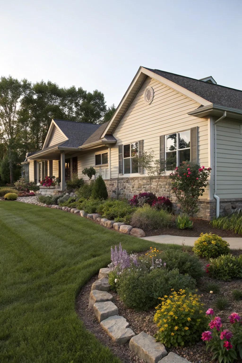 Landscaping integrated with cladding design enhances the ranch house's beauty.