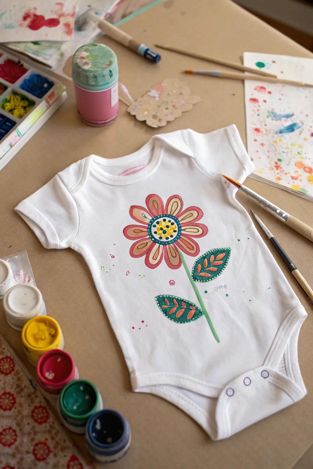 A uniquely adorned onesie with a hand-painted detail.