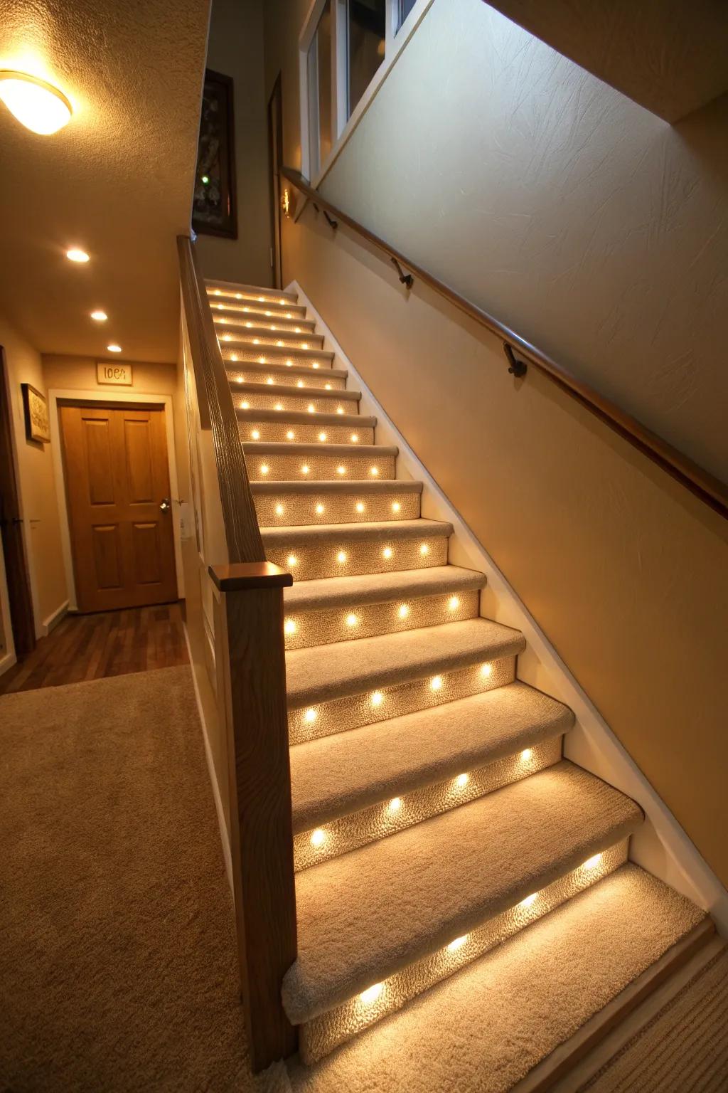 Under-stair LED lights increase safety while adding a welcoming atmosphere.