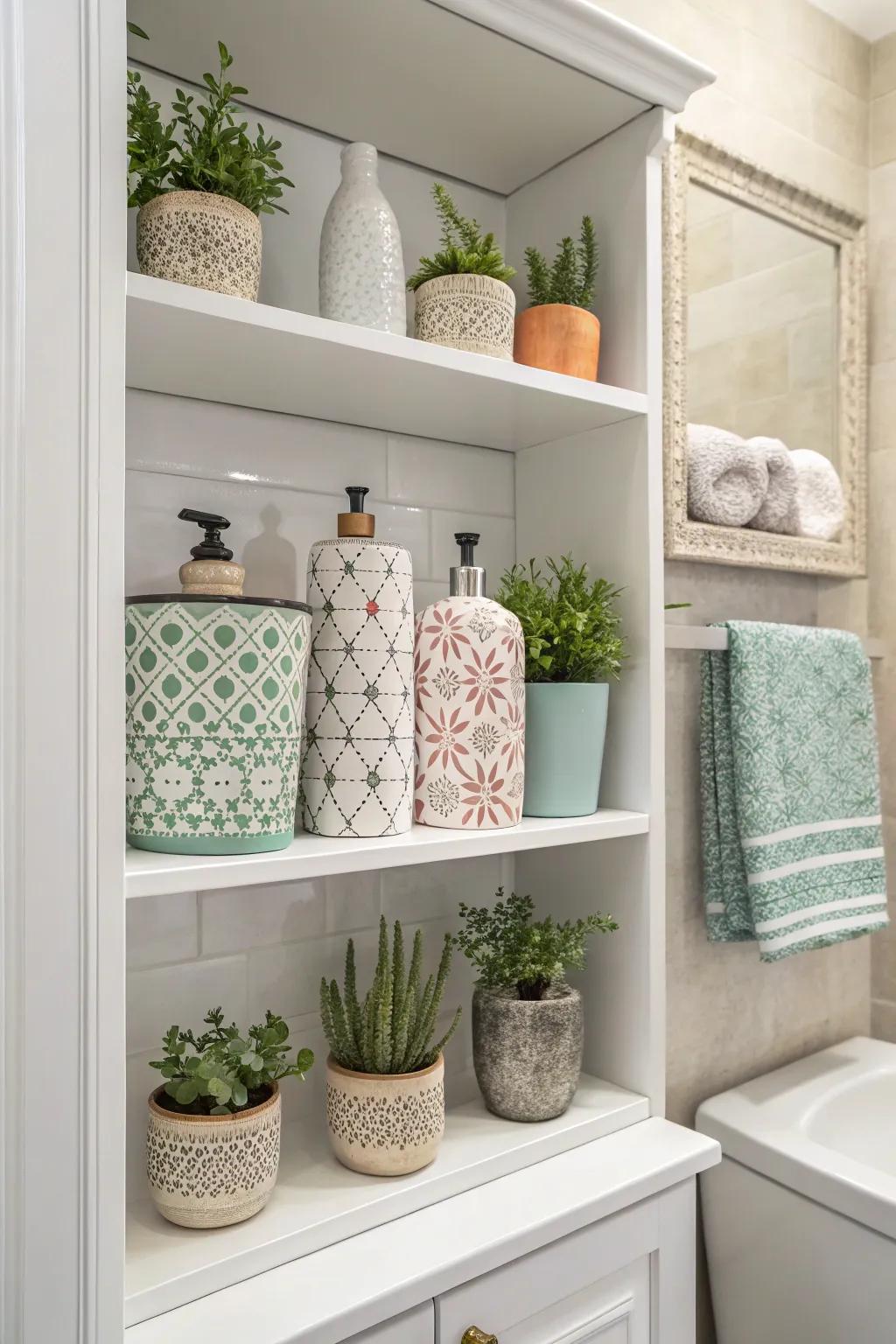 Decorative elements add a unique touch to open linen closets.