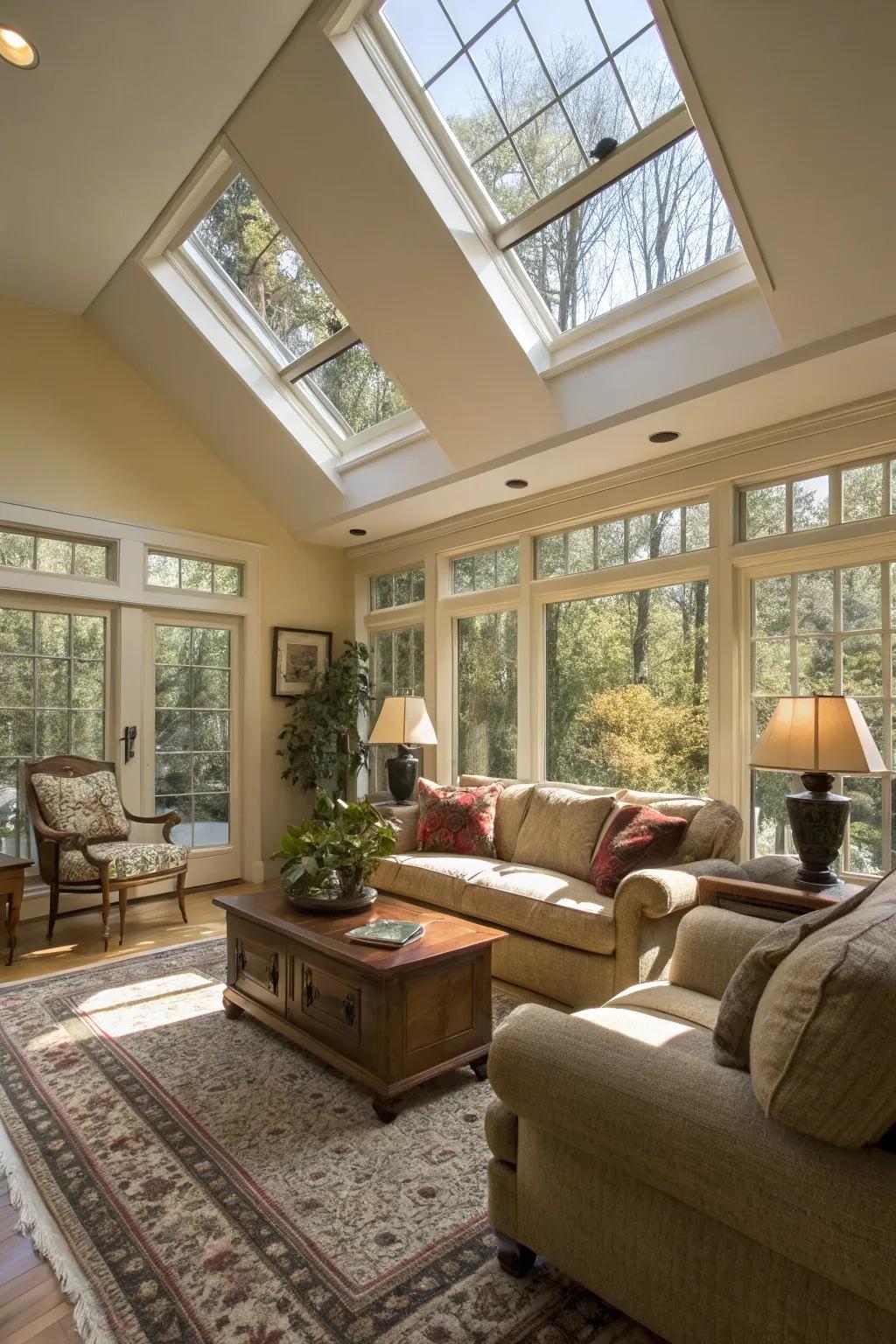 A bright living space with roof windows bringing in natural daylight.