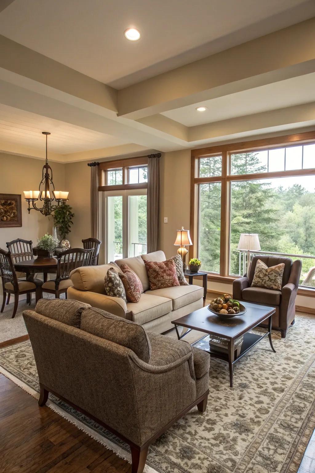Furniture arrangement crafts purposeful zones within the space.