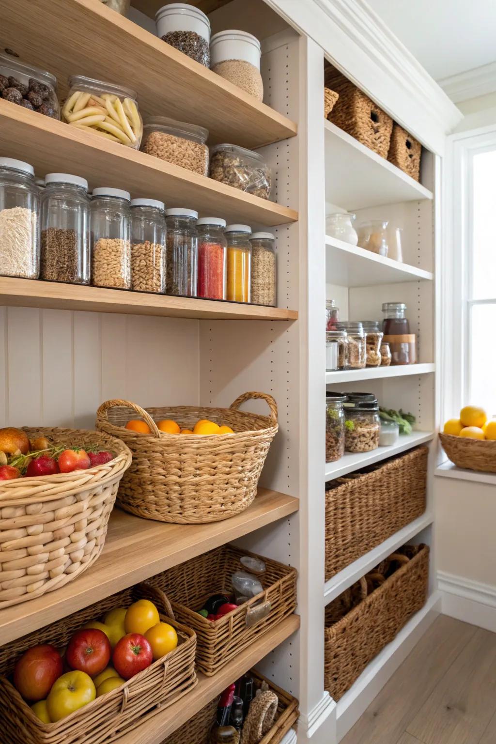 Woven baskets add texture and style to pantry organization.