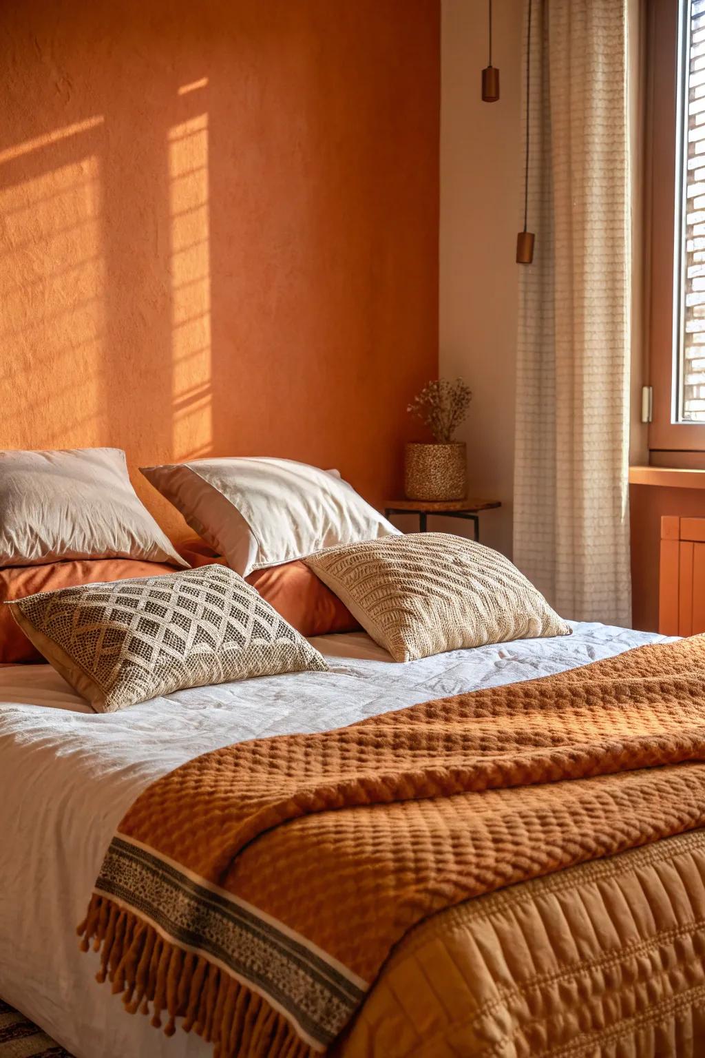 Layered bedding imparts depth and balances the audacity of orange walls.