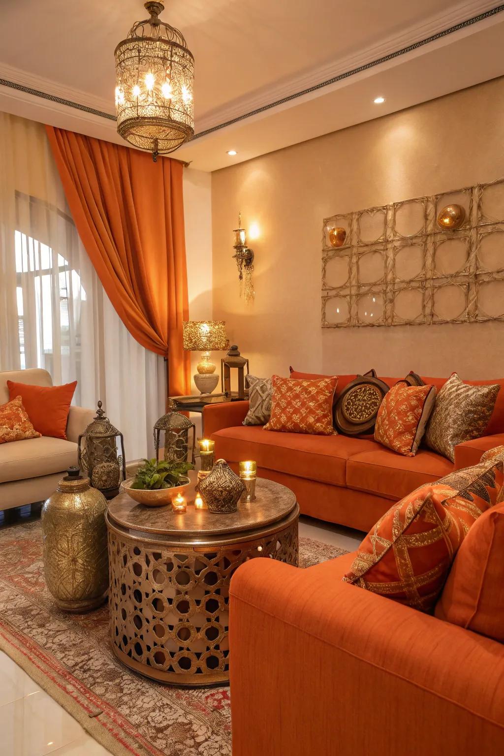An elegant lounge featuring orange d&eacute;cor and metallic accents.